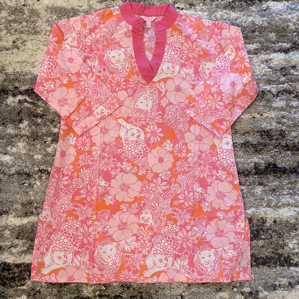 Lilly Pulitzer Pink Floral Print Tunic Cover Up Size Medium Beachy Cottage